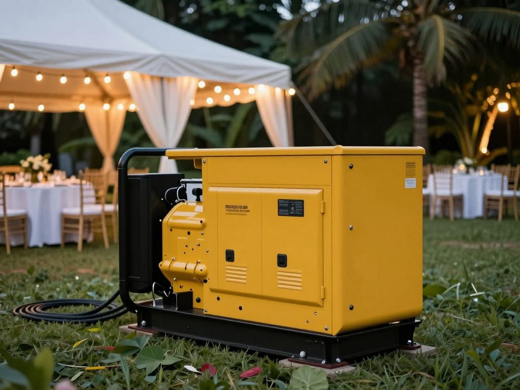 Resepsi pernikahan outdoor malam hari dengan genset silent di tepi lapangan