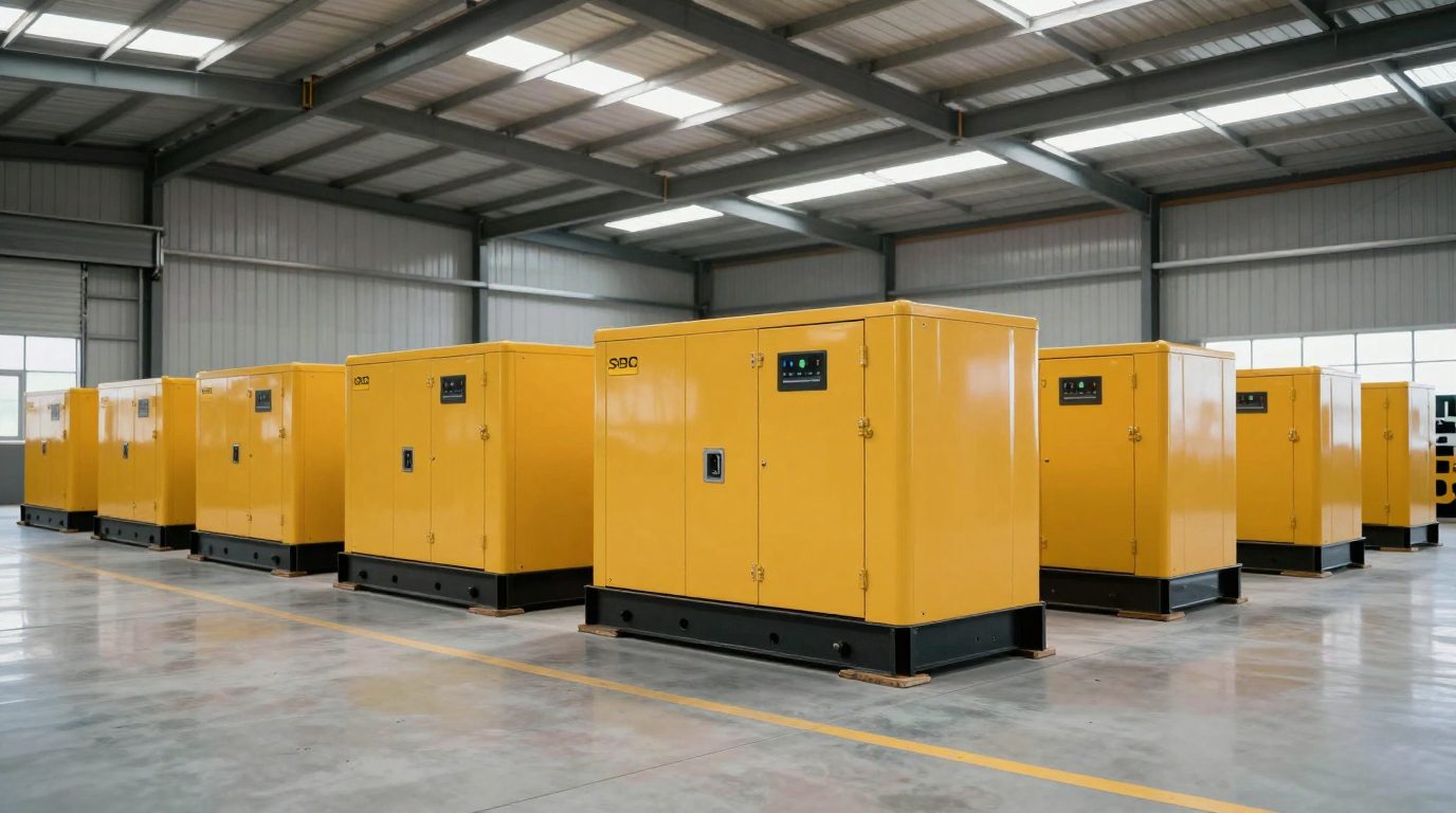 Deretan genset silent berbagai ukuran di gudang surya18.co