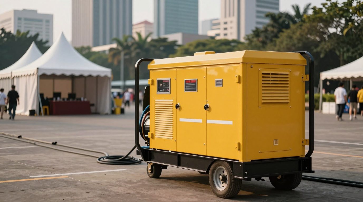 Genset portable silent type surya18.co di lokasi acara outdoor saat senja