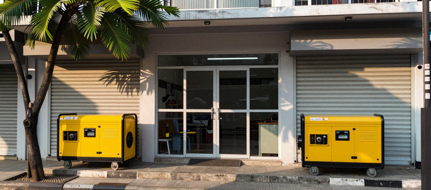Kantor surya18.co di Jakarta Barat dengan dua genset portable di depan