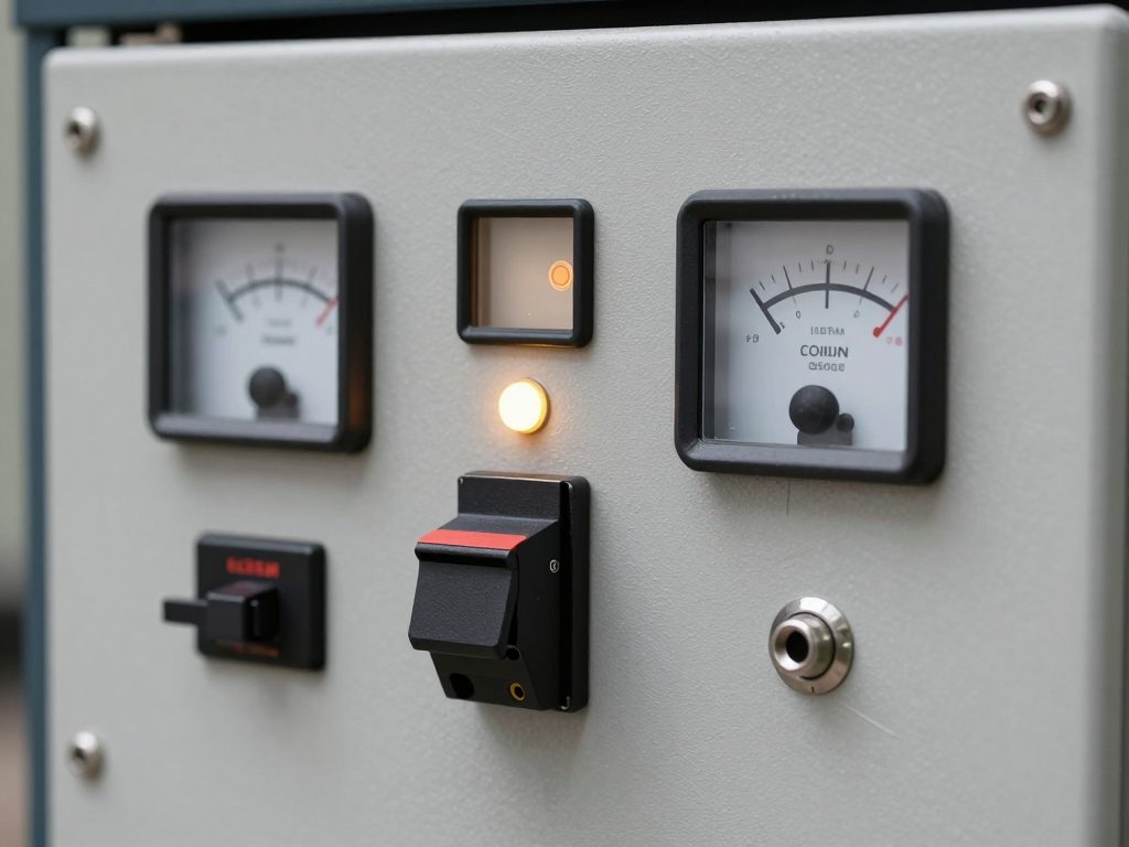 Panel kontrol genset dengan indikator menyala