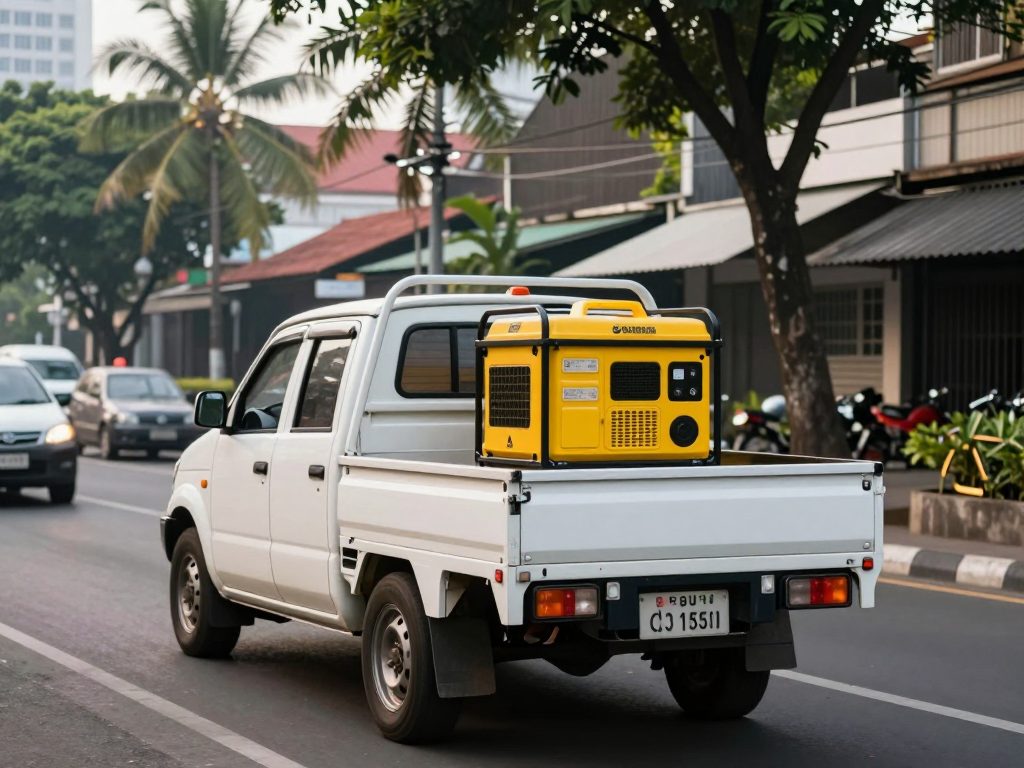 Pickup surya18.co mengantar genset melewati jalan kota Jakarta