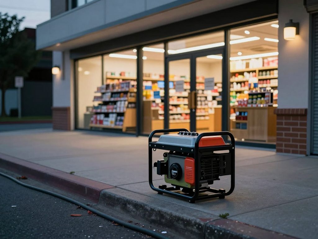 Genset portable di depan minimarket saat listrik padam