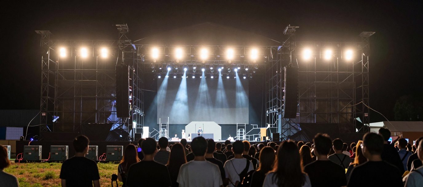 Panggung festival malam hari dengan deretan genset silent di belakang panggung